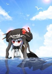 Rule 34 | 10s, 1girl, :&lt;, abyssal ship, afloat, bird, bodysuit, cloud, day, gloves, glowing, glowing eyes, hachachi, highres, kantai collection, long hair, pale skin, partially submerged, personification, red eyes, silver hair, sky, solo, water, watermark, web address, wo-class aircraft carrier