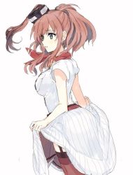 Rule 34 | 1girl, belt, blouse, blue eyes, breast pocket, breasts, brown hair, clothes lift, cowboy shot, dress, dress lift, garter belt, kantai collection, large breasts, long hair, looking to the side, neckerchief, parted lips, pocket, ponytail, red belt, red neckerchief, red thighhighs, saratoga (kancolle), shirt, side ponytail, simple background, smokestack hair ornament, solo, thighhighs, upper body, white background, white dress, white shirt, zp hn02