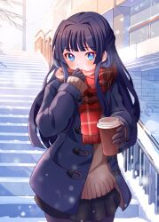 Rule 34 | 1girl, absurdres, black gloves, black hair, black pantyhose, black skirt, blue coat, blue eyes, blunt bangs, blush, brown cardigan, cardigan, coat, coffee cup, covered mouth, cowboy shot, cup, disposable cup, duffel coat, gloves, hair intakes, hand up, highres, holding, holding cup, idolmaster, idolmaster million live!, idolmaster million live! theater days, long hair, looking at viewer, mogami shizuka, open clothes, open coat, outdoors, pantyhose, plaid, plaid scarf, plaid skirt, raby vivid, railing, red scarf, scarf, scarf over mouth, school uniform, skirt, snow, snowing, solo, stairs, tree, winter