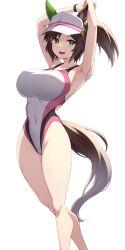 Rule 34 | 1girl, alternate costume, animal ears, armpits, arms up, bare shoulders, black wristband, breasts, brown hair, collarbone, competition swimsuit, covered navel, ear covers, feet out of frame, green eyes, hat, highleg, highleg swimsuit, highres, horse ears, horse girl, horse tail, ines fujin (umamusume), large breasts, looking at viewer, medium hair, one-piece swimsuit, open mouth, pataneet, ponytail, side ponytail, simple background, single ear cover, smile, solo, standing, swimsuit, tail, umamusume, visor cap, white background, white hat, white one-piece swimsuit, wide hips