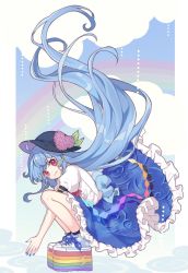 Rule 34 | 1girl, absurdly long hair, black hat, black socks, blue hair, blue nails, blue skirt, cloud, commentary request, flower, frilled skirt, frills, full body, grin, hat, hat flower, heart, highres, hinanawi tenshi, hydrangea, kyouda suzuka, lightning bolt symbol, long hair, looking at viewer, nail polish, own hands together, platform footwear, puddle, rainbow, red eyes, ripples, shirt, shoes, short sleeves, skirt, smile, sneakers, socks, solo, squatting, touhou, very long hair, white footwear, white shirt