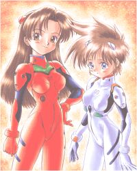 Rule 34 | 2girls, arm at side, arms at sides, ayanami rei, ayanami rei (cosplay), blue eyes, blush, bodysuit, breasts, brown eyes, brown hair, closed mouth, cosplay, cowboy shot, dithering, dot mouth, expressionless, eyelashes, gloves, goto p, gradient background, hand on own hip, height difference, interface headset, key the metal idol, kuriyagawa sakura, light smile, long hair, looking afar, looking ahead, looking at viewer, medium breasts, mima tokiko, multiple girls, neon genesis evangelion, non-web source, orange background, parted bangs, pc-98 (style), pilot suit, pixel art, plugsuit, red bodysuit, red gloves, short hair, side-by-side, skin tight, small breasts, smile, souryuu asuka langley, souryuu asuka langley (cosplay), spiked hair, standing, white bodysuit, white gloves