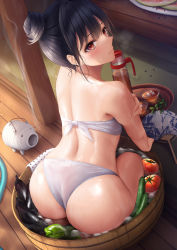 Rule 34 | 1girl, ass, back, bare shoulders, barley tea, bikini, black hair, bucket, closed mouth, commentary request, cucumber, eggplant, food, fruit, hair bun, hand fan, highres, incense burner, looking at viewer, looking to the side, mhru, original, pepper, plate, red eyes, see-through, single hair bun, sitting, solo, swimsuit, table, tatami, thighs, tomato, watermelon, watermelon seeds, wet, wet clothes, white bikini, wooden floor