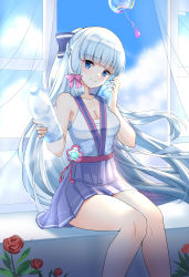 Rule 34 | 1girl, absurdres, against window, ayaka (genshin impact), bandages, bare legs, bare shoulders, blue bow, blue eyes, blue hair, blue sky, blunt bangs, bottle, bow, breasts, casual, chest sarashi, cleavage, collarbone, commentary request, contemporary, cowboy shot, curtains, flower, genshin impact, giving, hair bow, head tilt, highres, holding, holding bottle, incoming drink, indoors, japanese clothes, kimono, knees together feet apart, light blue hair, light smile, long hair, looking at viewer, miniskirt, pink bow, pleated skirt, ponytail, rose, sarashi, shirt, sitting, skirt, sky, sleeveless, sleeveless kimono, sleeveless shirt, small breasts, solo, vision (genshin impact), water bottle, wind, window, zhihe box