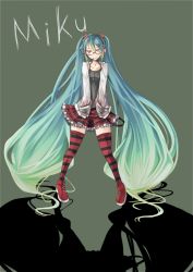 Rule 34 | 1girl, aqua hair, bad id, bad pixiv id, bespectacled, female focus, full body, glasses, gradient hair, hatsune miku, headset, highres, jewelry, kocchi muite baby (vocaloid), legs, long hair, mito (calcomer), multicolored hair, necklace, project diva, project diva (series), project diva 2nd, red eyes, shoes, simple background, skirt, smile, solo, standing, striped clothes, striped thighhighs, thighhighs, twintails, very long hair, vocaloid