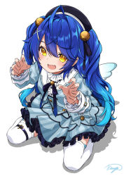 Rule 34 | 1girl, :d, ahoge, amamiya kokoro, amamiya kokoro (1st costume), angel wings, asanaya, bell, beret, black hat, blue bow, blue bowtie, blue dress, blue hair, blue jacket, blush, bow, bowtie, claw pose, commentary, dress, frilled dress, frilled sleeves, frills, from above, full body, hair bell, hair ornament, hat, highres, jacket, jingle bell, long hair, long sleeves, looking at viewer, looking up, nijisanji, on floor, open mouth, simple background, sitting, smile, solo, thighhighs, two side up, very long hair, virtual youtuber, wariza, white background, white thighhighs, wings, x hair ornament, yellow eyes