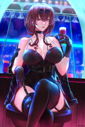 Rule 34 | 1girl, artist name, bar (place), black choker, black dress, black gloves, black jacket, black thighhighs, breasts, choker, cleavage, commentary, crossed legs, cup, dress, drinking glass, eyewear on head, feet out of frame, glass, gloves, hair between eyes, highres, honkai: star rail, honkai (series), jacket, jewelry, kafka (honkai: star rail), large breasts, light blush, looking at viewer, mcdobo, necklace, open clothes, open jacket, parted lips, pink eyes, purple hair, red lips, ring, round eyewear, single bare shoulder, solo, sunglasses, symbol-only commentary, thighhighs, thighs, wine glass