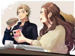 Rule 34 | 1boy, 1girl, blonde hair, blue eyes, book, brown eyes, brown hair, cellphone, commission, cup, earrings, eye contact, food, hat on back, highres, holding, holding food, holding phone, jacket, jewelry, looking at another, mug, multicolored hair, nail polish, open book, open clothes, open jacket, open mouth, original, ororooops, parted bangs, parted lips, phone, pink nails, roots (hair), sandwiched, skeb commission, smartphone, smile, sparkle, sweater, table, tattoo, wrist tattoo