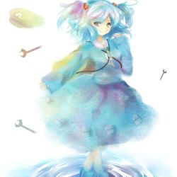 Rule 34 | 1girl, backpack, bad id, bad pixiv id, bag, blue eyes, blue hair, female focus, gradient background, hair bobbles, hair ornament, kawashiro nitori, key, matching hair/eyes, randoseru, short hair, solo, touhou, twintails, two side up, une-une, white background, wrench