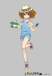 Rule 34 | alternate costume, beetle, blouse, bug, character request, copyright notice, full body, grey background, hat, insect, insect cage, looking at viewer, official art, orange footwear, overalls, pota (bluegutty), purple eyes, reki connect, shirt, shoes, shorts, simple background, smile, sneakers, solo, standing, standing on one leg, striped clothes, striped shirt, t-shirt, watermark