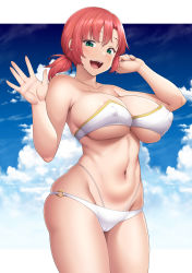 Rule 34 | 1girl, absurdres, ao banana, bare shoulders, bikini, blue sky, blush, boudica (fate), breasts, cleavage, collarbone, commentary, covered erect nipples, fate/grand order, fate (series), green eyes, highres, large breasts, looking at viewer, navel, o-ring, open mouth, red hair, short hair, short ponytail, sky, smile, solo, swimsuit, thighs, white bikini