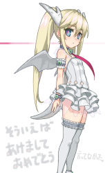 Rule 34 | 1girl, arm garter, arm strap, blonde hair, blue eyes, blush, copyright request, dragon girl, dragon horns, dragon tail, dragon wings, dress, frills, horns, long hair, looking at viewer, monster girl, namaniku atk, ponytail, solo, source request, tail, thighhighs, translation request, white thighhighs, wings