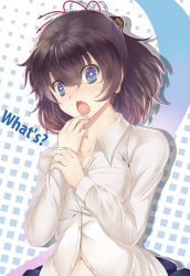 Rule 34 | 1girl, :o, black hair, blue eyes, blush, dress shirt, english text, engrish text, hand to own mouth, highres, looking at viewer, navel, original, pregnant, ranguage, shirt, solo, sts, surprised