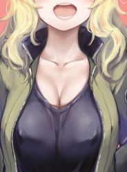 Rule 34 | 1girl, absurdres, aomushi (mushamusha), black shirt, blonde hair, breast focus, breasts, brown jacket, cleavage, collarbone, commentary, covered erect nipples, facing viewer, female focus, girls und panzer, head out of frame, highres, jacket, kay (girls und panzer), large breasts, lips, long hair, military, military uniform, open clothes, open jacket, open mouth, red background, saunders military uniform, shirt, solo, teeth, uniform, upper body