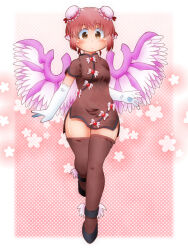 Rule 34 | 1girl, adapted costume, animal ears, bird ears, bird wings, black footwear, blush, breasts, brown dress, brown thighhighs, bun cover, china dress, chinese clothes, closed mouth, dress, full body, gloves, highres, matty (zuwzi), mystia lorelei, pink hair, shoes, short hair, short sleeves, small breasts, solo, thighhighs, touhou, white gloves, white wings, winged footwear, wings, yellow eyes