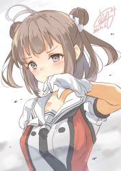 Rule 34 | 1girl, antenna hair, black necktie, brown eyes, brown hair, buttons, calin, commentary request, dated, double-breasted, double bun, hair bun, highres, idol, kantai collection, naka (kancolle), naka kai ni (kancolle), necktie, one-hour drawing challenge, puffy short sleeves, puffy sleeves, sailor collar, school uniform, serafuku, short sleeves, signature, simple background, solo, upper body, white background, white sailor collar, wiping mouth