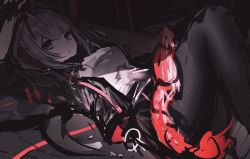 Rule 34 | 1girl, arknights, bandaged leg, bandages, black gloves, black jacket, breasts, demon horns, demon tail, fingerless gloves, gloves, grey hair, horns, jacket, looking at viewer, lying, medium breasts, noyu (noyu23386566), on back, orange eyes, pantyhose, red horns, rubble, scar, shirt, short hair, sketch, skirt, solo, tail, taut clothes, taut shirt, unfinished, w (arknights)