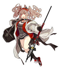 Rule 34 | 1girl, absurdres, angelina (arknights), arknights, bag, black shorts, coat, double horizontal stripe, duffel bag, earpiece, hairband, high tops, highres, holding, holding polearm, holding spear, holding weapon, jacket, open mouth, polearm, red eyes, red hairband, red jacket, red shorts, shoelaces, shoes, short shorts, shorts, sneakers, solo, spear, striped clothes, striped hairband, striped jacket, weapon, white coat, white jacket
