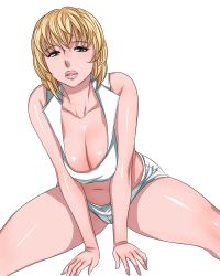 Rule 34 | 1girl, blonde hair, blue eyes, breasts, breasts squeezed together, cleavage, collarbone, crop top, large breasts, leaning forward, lips, matoyama, midriff, navel, original, parted lips, short hair, short shorts, shorts, simple background, sitting, solo, spread legs, thick thighs, thighs, white background, white theme