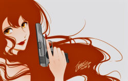 Rule 34 | 1girl, alternate hair color, bare shoulders, closed mouth, commentary, eyelashes, eyeshadow, fingernails, floating hair, fn m1910, gradient eyes, grey background, gun, handgun, highres, holding, holding gun, holding weapon, lipstick, long fingernails, long hair, looking at viewer, lupin iii, makeup, mine fujiko, multicolored eyes, nail polish, negative space, nose, orange eyes, red eyes, red hair, red lips, red nails, shadow, sideways glance, signature, simple background, solo, trigger discipline, turning head, upper body, wavy hair, weapon, xerxesy, yellow eyes