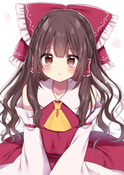 Rule 34 | 1girl, ascot, blush, bow, brown eyes, brown hair, closed mouth, detached sleeves, hair bow, hair tubes, hakurei reimu, heart, heart-shaped pupils, highres, long hair, looking at viewer, red bow, shinonome asu, simple background, symbol-shaped pupils, touhou, upper body, v-shaped eyebrows, white background, wide sleeves, yellow ascot