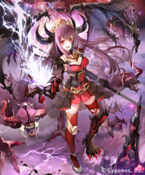 Rule 34 | 1girl, armor, black gloves, breasts, claws, cleavage, crown, gloves, hip armor, holding, holding weapon, horns, knee pads, kouyafu, lightning, long hair, looking at viewer, medium breasts, open mouth, purple hair, red eyes, red thighhighs, shadowverse, shoulder armor, single knee pad, solo, thighhighs, weapon, wings