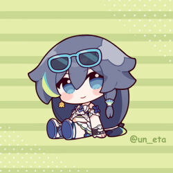 Rule 34 | 1girl, arm support, blue eyes, blue footwear, breasts, chibi, commentary, earrings, eta, eyewear on head, fu hua, fu hua (shadow knight), green background, grey hair, hair between eyes, hand on floor, honkai (series), honkai impact 3rd, jewelry, looking at viewer, lowres, midriff, multicolored hair, official alternate costume, sandals, single earring, sitting, small breasts, smile, solo, streaked hair, symbol-only commentary, twitter username