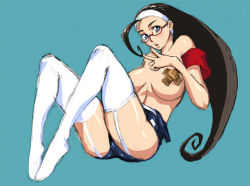 Rule 34 | 1girl, :o, ahoge, armband, bandaid, bandaids on nipples, blue background, blue eyes, breasts, brown hair, full body, garter belt, garter straps, glasses, hairband, knees up, lingerie, long hair, looking at viewer, no shoes, pasties, reclining, simple background, solo, thighhighs, tianzhong zhongtian, topless, underwear, white thighhighs