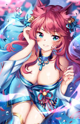 Rule 34 | 1girl, ahri (league of legends), animal ear fluff, animal ears, artist name, bare shoulders, bell, blue eyes, blue hair, blue kimono, blue ribbon, blurry, blurry background, blush, breasts, brown hair, cleavage, commentary, depth of field, facial mark, fox ears, hair bell, hair ornament, hair ribbon, hand up, highres, japanese clothes, jingle bell, kimono, large breasts, league of legends, long hair, long sleeves, looking at viewer, multicolored hair, nail polish, off shoulder, parted lips, petals, red nails, ribbon, sitting, solo, spirit blossom ahri, squchan, streaked hair, thigh gap, thighhighs, whisker markings, white thighhighs, wide sleeves