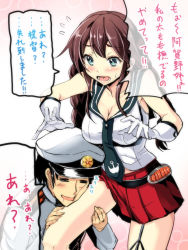 Rule 34 | 10s, 1boy, 1girl, :o, = =, admiral (kancolle), bare shoulders, blue eyes, blush, braid, breasts, brown hair, brown theme, cleavage, elbow gloves, eyeshadow, flying sweatdrops, gin&#039;ichi (akacia), gloves, gradient background, hat, highres, hugging another&#039;s leg, hugging own legs, kantai collection, large breasts, leg grab, long sleeves, makeup, military, military uniform, miniskirt, naval uniform, noshiro (kancolle), open mouth, peaked cap, pleated skirt, red skirt, saliva, shirt, skirt, sleeveless, sleeveless shirt, speech bubble, standing, sweat, talking, text focus, thighs, translated, twin braids, uniform, wavy mouth, white gloves, white shirt