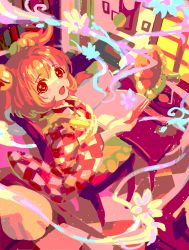 Rule 34 | 1girl, aura, bell, book, checkered clothes, checkered kimono, commentary request, highres, holding, holding book, japanese clothes, jingle bell, kimono, kotonoman, long sleeves, looking at viewer, motoori kosuzu, one-hour drawing challenge, open mouth, orange hair, phonograph, red hair, short hair, sitting, touhou, twintails, two side up, wide sleeves