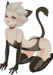 Rule 34 | 1boy, aftersex, all fours, animal ears, ass, black thighhighs, blush, brown eyes, cat boy, cat ears, cat tail, choker, crossdressing, cum, cum in mouth, cum on ass, cum on body, cum on lower body, elbow gloves, facial, gloves, gouenji shuuya, inazuma eleven, inazuma eleven (series), kneeling, leotard, looking up, male focus, nipple slip, nipples, okuretun, open mouth, simple background, solo, tail, tears, thighhighs, trap, white hair