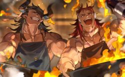 Rule 34 | 2boys, apron, bara, black apron, black hair, blue apron, body markings, closed eyes, cooking, draph, earrings, frying pan, granblue fantasy, holding, holding frying pan, horns, jewelry, large pectorals, long hair, male focus, multiple boys, muscular, muscular male, natsuko (summer 525528), one eye covered, open mouth, pectorals, pointy ears, red hair, reinhardtzar, smile, teeth, upper body, wilnas (granblue fantasy)