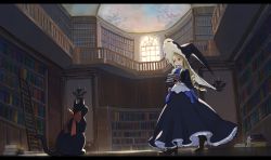 Rule 34 | 1girl, black dress, black footwear, blonde hair, blue bow, blue bowtie, blue eyes, book, book stack, bookshelf, bow, bowtie, braid, cat, commentary request, copyright request, dress, full body, gawako, hat, highres, holding, holding book, indoors, ladder, large hat, letterboxed, library, light particles, long hair, long sleeves, red bow, solo, window, witch hat, withered