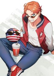 Rule 34 | 1boy, 1other, ahoge, america (hetalia), americaball, axis powers hetalia, belt, blonde hair, blue eyes, coca-cola, countryball, crossover, cup, denim, disposable cup, drinking straw, drinking straw in mouth, eyewear on head, jacket, jeans, letterman jacket, looking at viewer, looking up, pants, red footwear, shoes, sneakers, sunglasses, to@st, trait connection