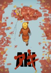 Rule 34 | 2girls, :d, absurdres, aki minoriko, aki shizuha, akira (manga), autumn, autumn leaves, blonde hair, blush, buried, chanta (ayatakaoisii), closed eyes, commentary, from above, from behind, hat, highres, laughing, leaf, maple leaf, movie poster, multiple girls, open mouth, parody, red shirt, red skirt, shirt, siblings, sisters, skirt, smile, standing, title parody, touhou, walking