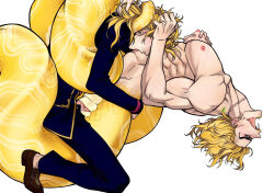 Rule 34 | 2boys, birthmark, blonde hair, brown footwear, cloaca, completely nude, reverse newhalf with male, dio brando, earrings, fangs, father and son, formal, full body, giorno giovanna, grabbing, grabbing another&#039;s hair, highres, huang lia, incest, interspecies, jewelry, joestar birthmark, jojo no kimyou na bouken, lamia boy, licking, long sleeves, looking to the side, male focus, medium hair, monster boy, monsterification, multiple boys, muscular, muscular male, nipples, nude, open mouth, pectoral grab, puffy chest, pussy juice, reverse newhalf, scales, scar, scar on neck, sex, short hair, simple background, stardust crusaders, suit, vaginal, vento aureo, white background, yaoi, yellow lips, yellow scales