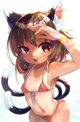 Rule 34 | 1girl, :3, :d, alternate costume, animal ear fluff, animal ears, bikini, breasts, brown eyes, brown hair, cat ears, cat tail, chen, covering own eyes, cowboy shot, earrings, fangs, highres, ibaraki natou, jewelry, light rays, multiple tails, navel, nekomata, no headwear, open mouth, red bikini, short hair, single earring, small breasts, smile, solo, standing, swimsuit, tail, tan, tanline, touhou, two tails, white background