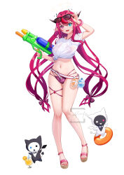 Rule 34 | 1girl, arm up, artist logo, belt, bikini, bikini under clothes, bloom (irys), blue eyes, bow, breasts, cocktail, cocktail glass, cup, double halo, drinking glass, eyewear on head, gloom (irys), hair bow, halo, heterochromia, highres, holding, hololive, hololive english, horns, innertube, irys (hololive), long hair, looking at viewer, medium breasts, open mouth, pointy ears, purple eyes, purple hair, sandals, see-through, shirt, simple background, skyrail, smile, star-shaped pupils, star (symbol), star halo, stomach, sunglasses, swim ring, swimsuit, symbol-shaped pupils, thigh strap, very long hair, virtual youtuber, water balloon, water gun, wet, wet clothes, wet shirt, white background, wristband