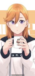 Rule 34 | 1girl, absurdres, cardigan, cup, hair between eyes, highres, holding, holding cup, long hair, long sleeves, looking at viewer, love live!, love live! superstar!!, open cardigan, open clothes, orange hair, purple eyes, s sho mkrn, shibuya kanon, shirt, solo, straight hair, upper body, white cardigan, white shirt