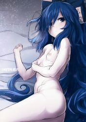 Rule 34 | 1girl, absurdres, ass, bags under eyes, bed, blue bow, blue hair, blush, bow, breasts, clenched hand, cowboy shot, debt, emaciated, from above, groin, hair between eyes, hair bow, hair over one eye, hand up, highres, light particles, long hair, looking at viewer, lying, mirino, navel, nipples, nude, on side, pale skin, pillow, ribbon, ribs, scan, skinny, small breasts, solo, stomach, thighs, touhou, translation request, very long hair, yorigami shion