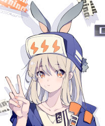 Rule 34 | 1girl, :t, animal ears, blue hat, blue jacket, brown eyes, captain yue, closed mouth, collarbone, flat cap, hair between eyes, hair rings, hand up, hat, jacket, light brown hair, lightning bolt symbol, long hair, open clothes, open jacket, original, rabbit ears, shirt, solo, sweat, tape, upper body, v, wavy mouth, white background, white shirt