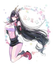 Rule 34 | 1girl, 2024, abs, absurdres, bare legs, bare shoulders, belt, black hair, black skirt, black sleeves, breasts, chinese zodiac, closed mouth, commentary, crop top, dated, detached sleeves, dragon horns, earrings, elbow pads, final fantasy, final fantasy vii, fingerless gloves, floating hair, floral background, full body, glint, gloves, happy new year, highres, horns, jewelry, large breasts, long hair, looking at viewer, low-tied long hair, midriff, miniskirt, navel, new year, red eyes, red footwear, red gloves, shoji sakura, single earring, single elbow pad, skirt, solo, star (symbol), suspender skirt, suspenders, swept bangs, tank top, tifa lockhart, very long hair, white tank top, year of the dragon