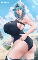 Rule 34 | 1girl, absurdres, artist name, ass, bare shoulders, beach, blue hair, breasts, brown eyes, eula (genshin impact), from behind, genshin impact, hair ornament, hairband, highres, huge ass, juice box, large breasts, long hair, looking at viewer, one-piece swimsuit, redsteak, shiny skin, smile, solo, swimsuit, thick thighs, thighhighs, thighs
