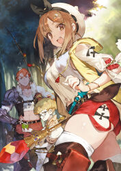 1girl 2boys apple armor ass atelier_(series) atelier_ryza atelier_ryza_1 blonde_hair boots braid brown_eyes brown_hair eating fishing_rod food fruit glasses hair_ornament hair_ribbon hairclip hat highres holster hood hooded_vest hoodie jewelry lent_marslink long_hair looking_at_another looking_at_viewer multiple_boys necklace official_art open_mouth outdoors pouch pout red_hair red_shorts reisalin_stout ribbon short_hair short_shorts shorts shoulder_armor skindentation tao_mongarten thigh_holster thighhighs thighhighs_under_boots toridamono vest