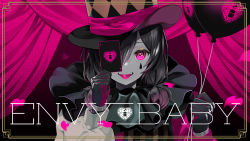 Rule 34 | 1girl, absurdres, ace (playing card), ace of hearts, asymmetrical sleeves, balloon, black hair, card, clown, commentary request, confetti, curtains, english text, envy baby (vocaloid), hat, heart, heart-shaped pupils, highres, holding, holding balloon, holding card, hololive, long sleeves, looking at viewer, mismatched sleeves, neck ruff, official art, one eye covered, pink curtains, pink eyes, pink theme, playing card, puffy long sleeves, puffy sleeves, roboco-san, satobitob, second-party source, solo, song name, stage, stage curtains, symbol-shaped pupils, teeth, tongue, tongue out, top hat, virtual youtuber, vocaloid