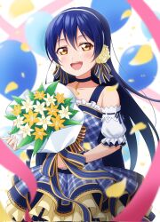 Rule 34 | 1girl, arm cuffs, balloon, blue eyes, blue hair, blue ribbon, blurry, blurry foreground, blush, bouquet, commentary, cowboy shot, dress, flower, gold trim, hair between eyes, hair flower, hair ornament, hair ribbon, hairband, haruharo (haruharo 7315), highres, holding, holding bouquet, layered dress, long hair, looking at viewer, love live!, love live! school idol project, open mouth, orange hair, pink ribbon, pleated skirt, ribbon, simple background, skirt, smile, solo, sonoda umi, teeth, upper teeth only, white background, white flower