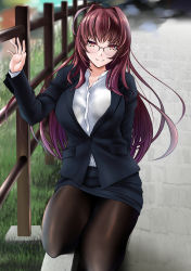 Rule 34 | 1girl, bespectacled, black bra, bra, bra visible through clothes, breasts, business suit, commentary request, day, fate/grand order, fate (series), female focus, fence, formal, glasses, grass, hair intakes, highres, kneeling, legs together, long hair, long sleeves, looking at viewer, office lady, outdoors, pantyhose, pencil skirt, plant, pocket, purple hair, red eyes, road, scathach (fate), see-through, skirt, skirt suit, solo, suit, underwear, waving, yumi (careca398)
