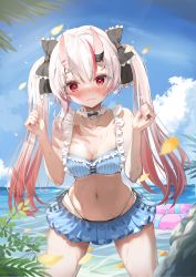 Rule 34 | 1girl, absurdres, bare shoulders, bikini, blush, bra, breasts, cleavage, collarbone, commentary request, frilled bikini, frilled skirt, frills, hair ribbon, highres, hololive, horns, keesuke (kkosyoku), legs, long hair, medium breasts, midriff, multicolored hair, nakiri ayame, nakiri ayame (hololive summer 2019), narrow waist, navel, neck ribbon, ocean, oni, red eyes, revision, ribbon, skin-covered horns, skirt, streaked hair, summer, swimsuit, twintails, two-tone hair, underwear, virtual youtuber, wet