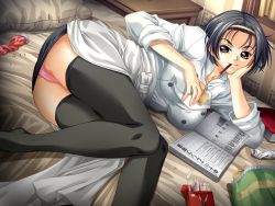 Rule 34 | 1girl, ass, bed, black thighhighs, breasts, clothed female, crumbs, food, game cg, girl&#039;s software, hairband, impossible clothes, impossible shirt, indoors, ingoku no yakata, large breasts, legs, long legs, lying, miniskirt, mouth hold, naughty face, panties, pantyshot, pencil skirt, pink panties, pocky, shirt, skirt, solo, taut clothes, taut shirt, thighhighs, thighs, underwear, upskirt, yoshino keiko, zettai ryouiki